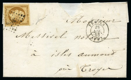 1852 10c Présidence, bien margé, obl. PC sur lettre de Troyes 28.12.1853 pour Isles-Aumont, petit manque de papier proprement comblé en haut de l'enveloppe, TB, signé Baudot