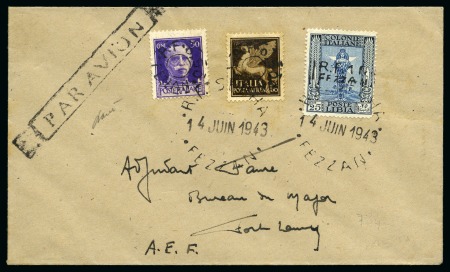 Stamp of Colonies françaises » Fezzan 1943 Pli par avion pour Fort Lamy avec Yv. 18 +19 +PA 3 obl. Fezzan 14 juin 1943, arr. 24.06 au dos, TB, signé Baudot, cote Yv. des timbres € 2'420