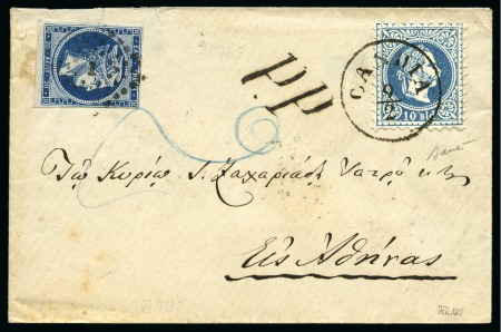 1874 Austrian Levant 10s blue tied by Candia 9/2 cps on cover in combination with Greece 20Lep (touched at right), black PP, fine, signed Baudot