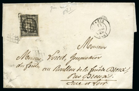 Stamp of France 1849 20c Gris-noir obl. grille sur lettre de Paris 14.12.1849 pour Dreux, càd d'arrivée 15.12 au dos, TB, cert. Calves