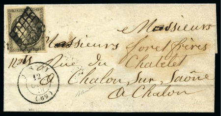 1849 20c Gris obl. grille sur lettre de Jussey 12.10.1849 pour Chalon sur Saône, càd Vesoul 12.10, Besançon 13.10, et arr. 14.10 au dos, TB, signé Baudot