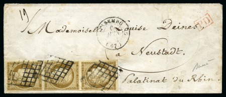 1849 10c Cérès en bande de trois obl. grille de Wissembourg 06.06 pour Neustadt, Palatinat du Rhin, PD rouge, cachet d'arrivée Neustadt du même jour, TB, très rare, signé Baudot