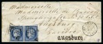 1849 25c bleu en paire (touché) obl. grille sur lettre d'Obernai 28.04.1851 pour Augsbourg en Bavière, càd d'arr. 30.04 au dos, B/TB, signé Baudot