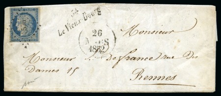 1849 25c bleu obl. PC 576, cursive 34 LE VIEUX BOURG, dateur 26 mars 1852 sur lettre pour Rennes, TB, signé Baudot