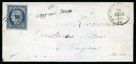 1849 25c bleu obl. PC, cursive 20 Aisey sur Seine, càd Chatillon sur Seine 20.02.1852 sur lettre pour Baigneux, arr. 21.02 au dos, TB, signé Baudot