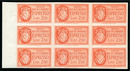 SAN MARINO 1943 Express 2L50 IMPERFORATE mgn block of 9, MNH
