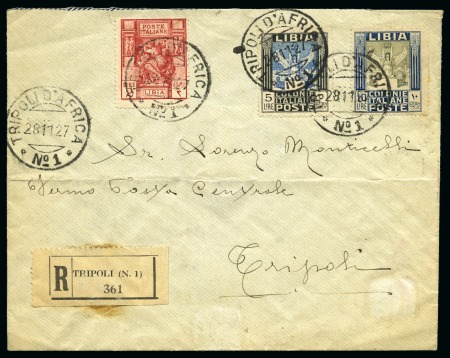 ITALIAN COLONIES LIBYA 1927 : Registered cover with high values 2L, 5L & 10L