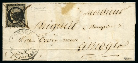 Stamp of France 07.01.1849 20c noir oblitéré par le rare tampon de fortune