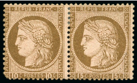 Stamp of France 1871-75 Cérès ERREUR 15c au lieu de 10c brun sur rose tenant à normal (coin arrondi), neuf sans gomme, l'erreur est TB, signé A.Brun