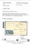 Cérès 25c bleu en paire TETE-BECHE avec bord de feuille obl. grille sur lettre 
