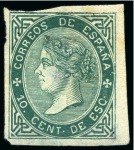 ONE OF ONLY THREE KNOWN IMPERFORATE EXAMPLES RECORDED 1867 Isabel II IMPERFORATE 10c green, clear to very large margins, fresh deep shade, unused, light thin on reverse otherwise very fine. An extraordinarily rare stamp 