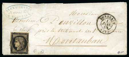 Stamp of France 01.01.1849 20c noir bol. Bordeaux 1er janvier 1849 sur enveloppe