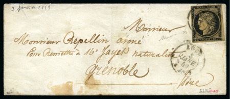 1849, Cérès 20c noir oblitéré par cachet à date