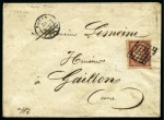 Stamp of France 1849 1F rouge-brun avec deux voisins, obl. grille,