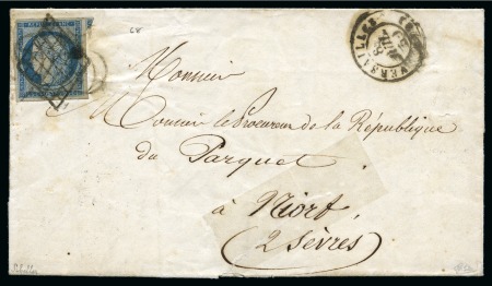 Stamp of France 1849 25c bleu oblitéré par taxe double trait 25 et grille sur lettre de Versailles 08.07.1850 