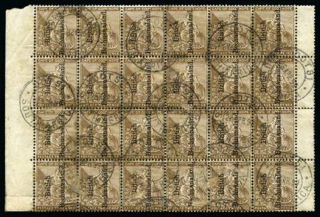 1891 2d Bistre (reading upwards) block of 24 with "OOTSI / SOUTH AFRICA" cds showing ovpt variety