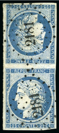 Stamp of France 1849 25c bleu en paire TETE-BECHE, obl., léger défaut