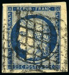 1849 25c bleu, 4 très beaux exemplaires avec voisin