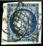 1849 25c bleu, 4 très beaux exemplaires avec voisin