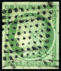 Stamp of France 1849 15c vert avec curieuse oblitération losange muet,