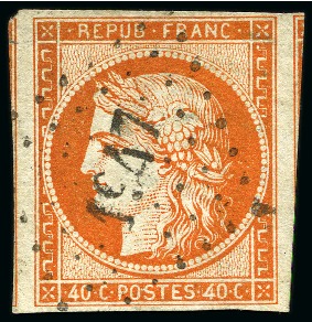 Stamp of France 1849 40c orange avec voisin à droite et à gauche,