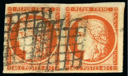 Stamp of France 1849 40c orange foncé en paire avec voisin à droite,