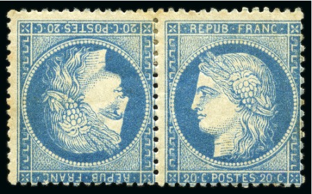 Stamp of France 1870 20c Siège en paire TETE-BECHE, neuf, léger pli