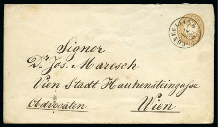 1863 15so Postal stationery envelope bearing very fine CONEGLIANO 14.8 cds to Vienna, part of backflap missing, with Vienna arrival marking, very fine, 