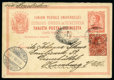 Stamp of Venezuela 1899 Postal stationery answer card 10C + additional fkg. 5C with Paquebot cancel