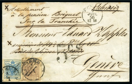 Stamp of Switzerland / Schweiz » Sitzende Helvetia Ungezähnt » Frankaturen SCHWEIZ - AUSTRIA 1856: Briefhuelle aus Oesterreich mit Genfer Nachtax