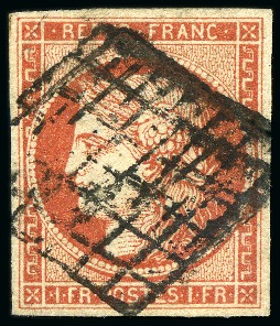 Stamp of France » Type Cérès de 1849-1850 1849, 1 franc VERMILLON VIF oblitération grille, bien