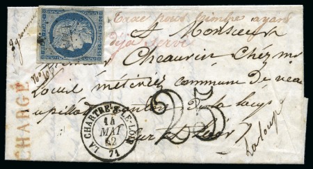 1849 25c Cérès sur lettre avec mention "Taxe pour