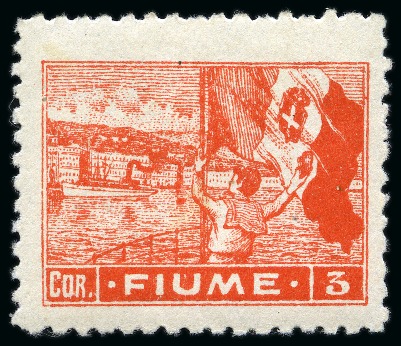 ITALY - FIUME 1919 3cor on better quality paper (carta C) w. rare perf. 10 1/2, mint hinged