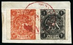 1875 One shahi black, type A & Four shahis orange-red, type D, tied on a small fragment by TEHERAN cds in red, very fine, cert. Persiphila