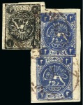 1875 One shahi black, type A & Two shahis blue, types Aand D, tied on a small fragment by TABRIZ cds in red, very fine, cert. Persiphila