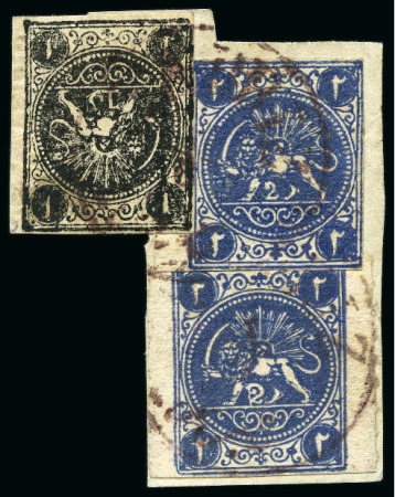 Stamp of Persia » 1868-1879 Nasr ed-Din Shah Lion Issues » 1875 Wide Spacing (SG 5-13) (Persiphila 5-9) 1875 One shahi black, type A & Two shahis blue, types Aand D, tied on a small fragment by TABRIZ cds in red, very fine, cert. Persiphila