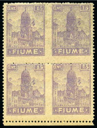 ITALY - FIUME 1919 Definitives 15C violet lilac on yellowish-brownish paper (carta A) in bottom margin blk of 4 horizontally IMPERFORATE inbetween, mint hinged