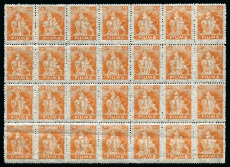 ITALY - FIUME 1919 45C orange on semi-transparent paper (carta B) in MNH blk of 28