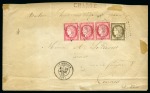 1875, Cérès dentelé 30c brun et 80c rose en bande de 3