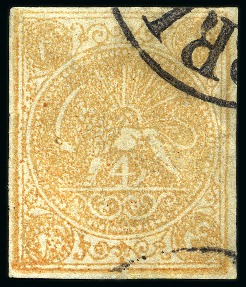 Stamp of Persia » 1868-1879 Nasr ed-Din Shah Lion Issues » 1876 Narrow Spacing (SG 15-19) (Persiphila 13-17) 1876 Four Krans ochre, type D, used, good margins, very fine, cert. Persiphila (Persiphila $750)