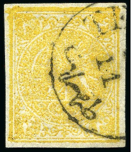 1878-79 Four krans yellow, type D, used with part Teheran cds, good to large margins, very fine, signed Sadri (Persiphila $350)