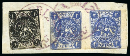 Stamp of Persia » 1868-1879 Nasr ed-Din Shah Lion Issues » 1875 Wide Spacing (SG 5-13) (Persiphila 5-9) 1875 Two shahis dark cobalt blue, types CB, used horizontal pair on fragment with one shahi, all tied by Tabriz cds in purple, fine and scarce (Persiphila $1'000+)