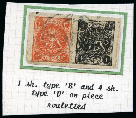 Stamp of Persia » 1868-1879 Nasr ed-Din Shah Lion Issues » 1875 Wide Spacing (SG 5-13) (Persiphila 5-9) 1875 Four shahis orange red, type D, used on fragment with one shahi, type B, all tied by Rescht cds in blue, fine and scarce 