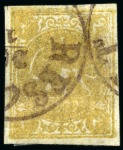 1876 Four krans yellow, attractive used assembly of eighteen singles, showing all types present, an array of cancels, papers and shades, mixed to very fine, all signed Sadri (Persiphila $6'300)