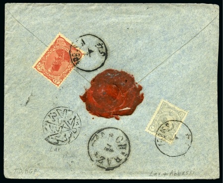 1898 10ch Light Blue and 1899 1Kr Red on reverse of cover tied by Abbassi cds