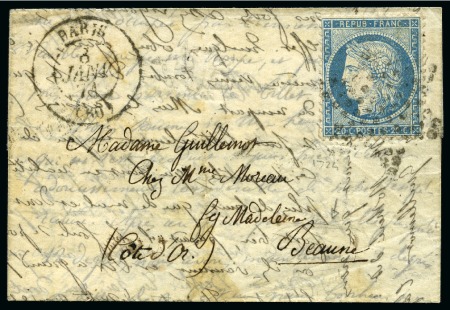 Rare cachet de départ type 15 Paris (60) 08.01.1871