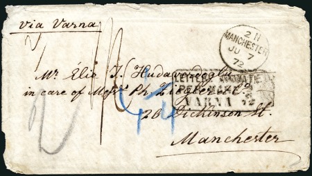 1872 Stampless envelope to Manchester, bearing box