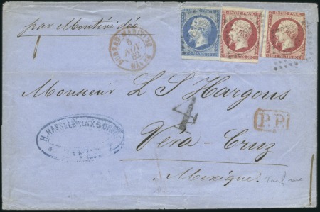 Stamp of France 1853-60 Empire ND 20c bleu + deux 80c rose en rare