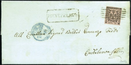 1857 10c on Rose (period after value), four large 