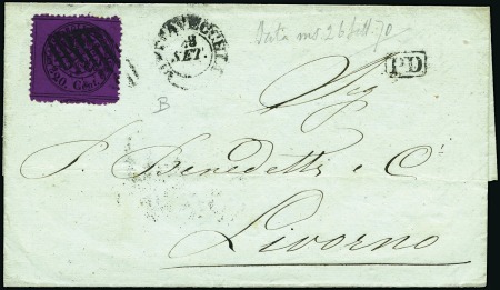 Roma '70. 1868, 20 c. violetto, su lettera da Civittavecchia del 26 settembre 1870 per Livorno, con arrivo al verso un giorno dopo.